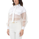 Camicia donna a manica lunga bianca con inserto in tulle