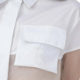 Camicia donna a manica lunga bianca con inserto in tulle
