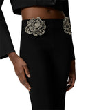 Pantaloni donna  con rose gioiello ricamate