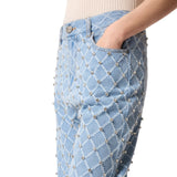 Jeans donna wide leg con disegno rombi e strass