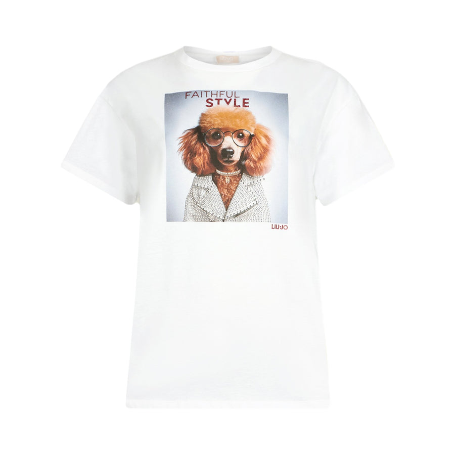T-shirt donna con stampa e strass