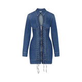 Abito donna corto in denim con stringhe