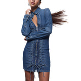 Abito donna corto in denim con stringhe