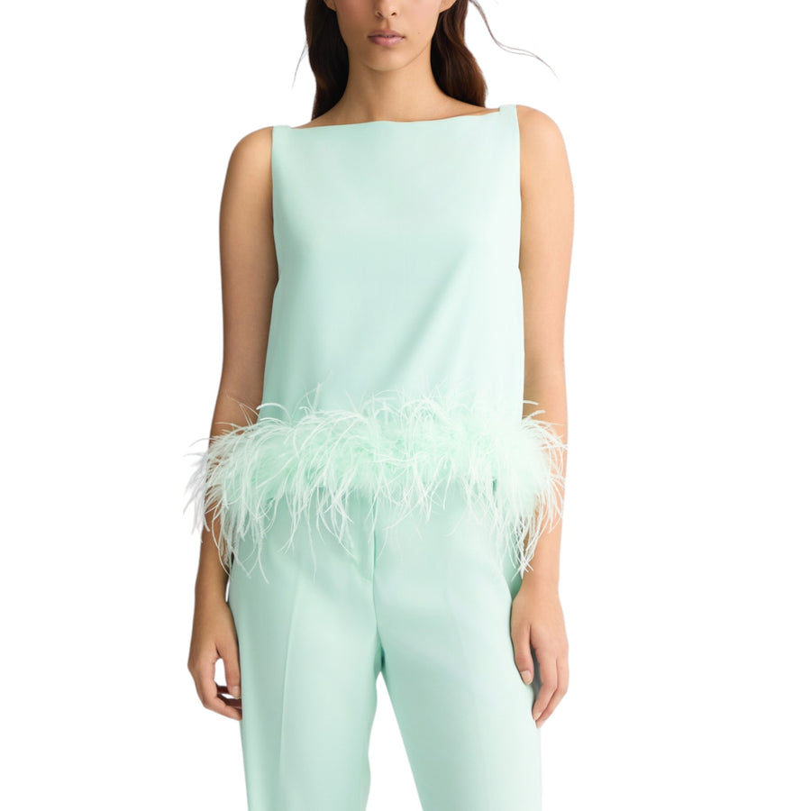 Top donna verde acqua con piume