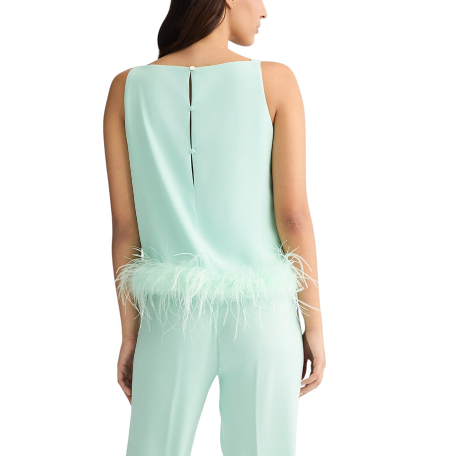 Top donna verde acqua con piume