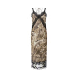 Abito donna slipdress midi camouflage con pizzo