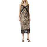 Abito donna slipdress midi camouflage con pizzo