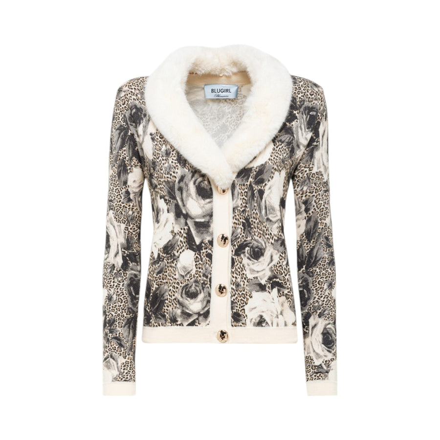 Cardigan donna stampato con collo in faux fur