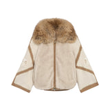 Pelliccia donna ecologica con maniche patchwork e collo di pelliccia