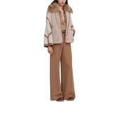 Pelliccia donna ecologica con maniche patchwork e collo di pelliccia