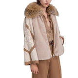 Pelliccia donna ecologica con maniche patchwork e collo di pelliccia