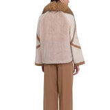 Pelliccia donna ecologica con maniche patchwork e collo di pelliccia