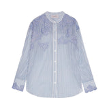 Camicia donna a righe stampa denim con pizzo ricamato