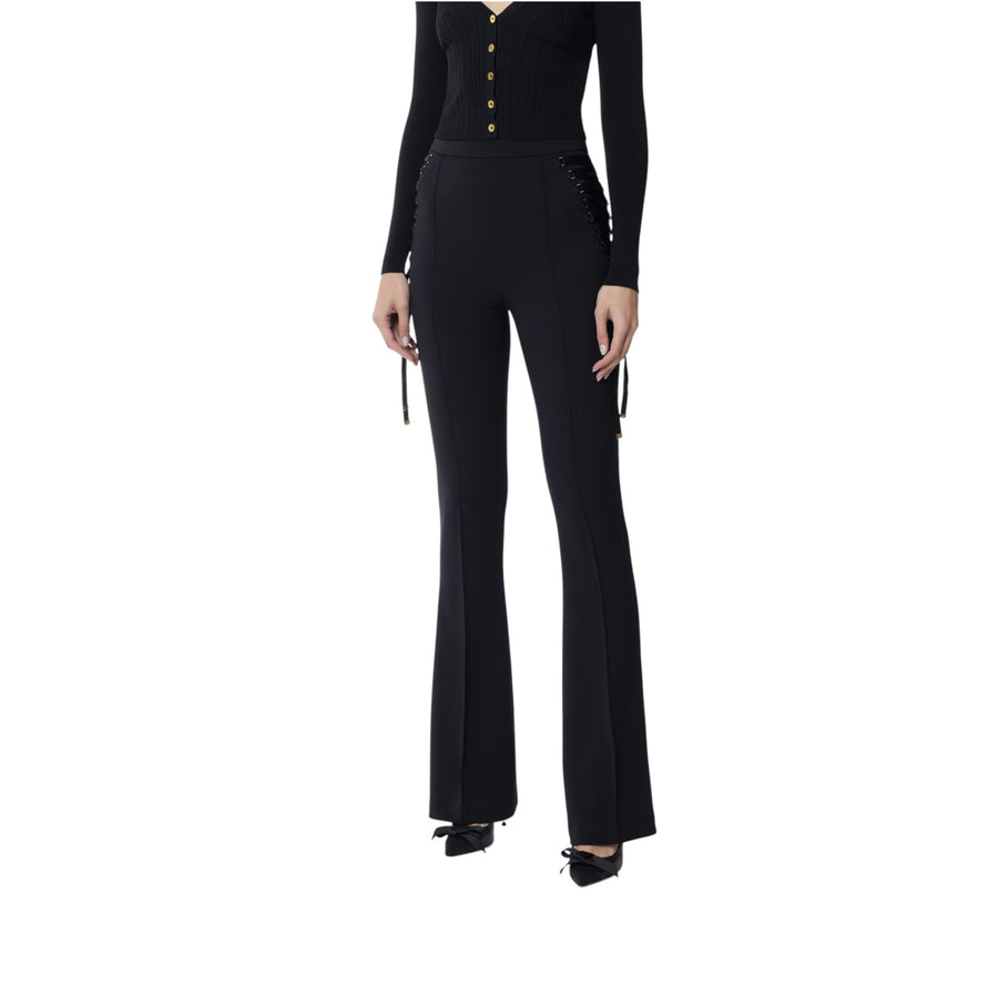 Pantaloni donna  a zampa in crêpe con lacci criss-cross