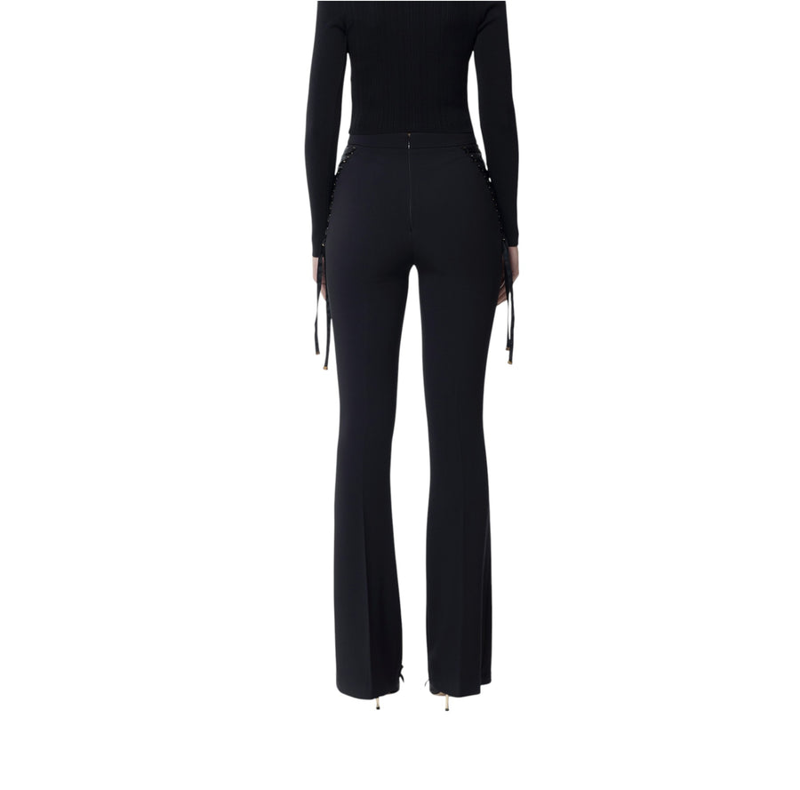 Pantaloni donna  a zampa in crêpe con lacci criss-cross