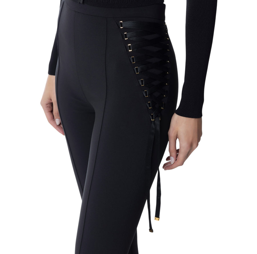 Pantaloni donna  a zampa in crêpe con lacci criss-cross