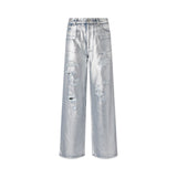 Jeans donna loose in denim laminato