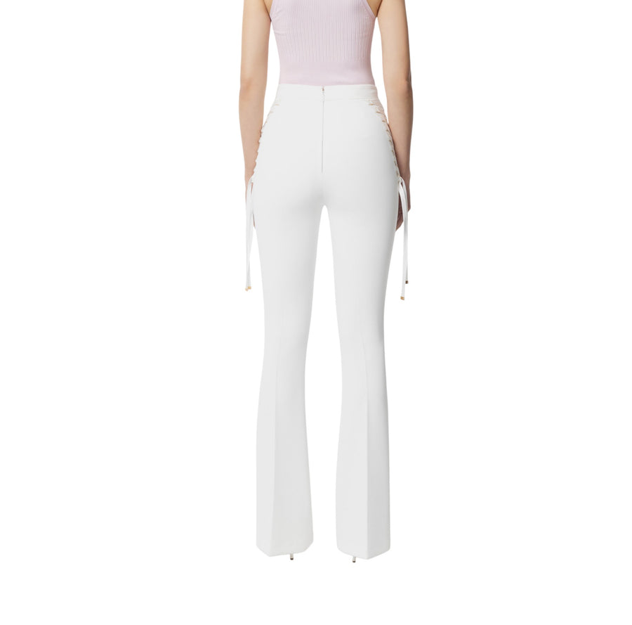 Pantaloni donna  a zampa in crêpe con lacci criss-cross