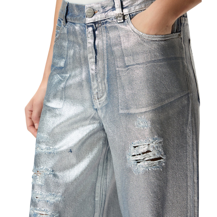 Jeans donna loose in denim laminato