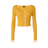 Cardigan donna cropped in misto seta e cashmere con pizzo