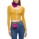 Cardigan donna cropped in misto seta e cashmere con pizzo