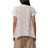T-shirt donna scollo a v con pizzo sulla schiena