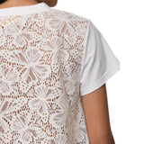 T-shirt donna scollo a v con pizzo sulla schiena