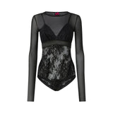Maglia donna body in tulle e pizzo