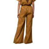 Pantaloni donna a palazzo in lino con elastico e ricamo palme