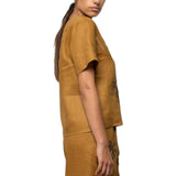 Blusa donna in lino con scollo a v e ricamo palme