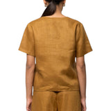 Blusa donna in lino con scollo a v e ricamo palme