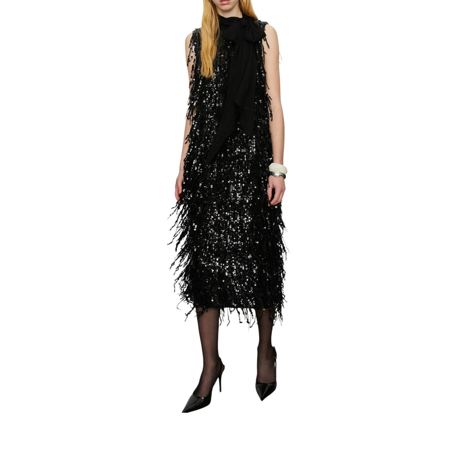 Abito donna lungo con frange di paillettes e foulard