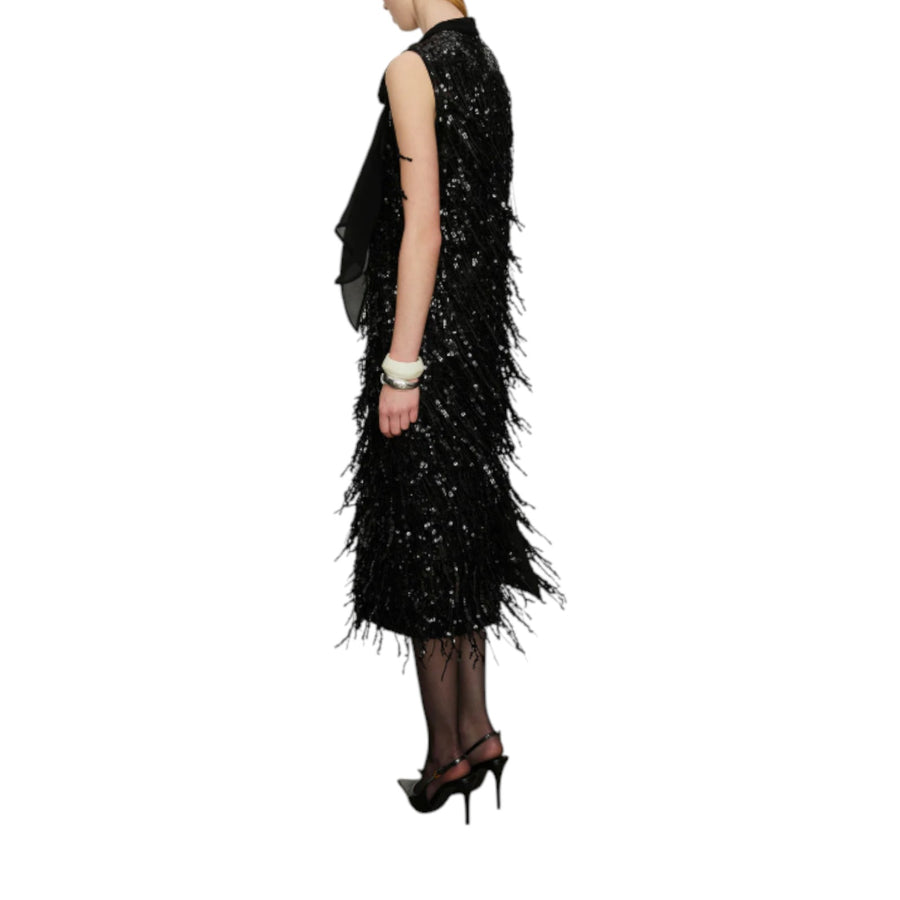 Abito donna lungo con frange di paillettes e foulard