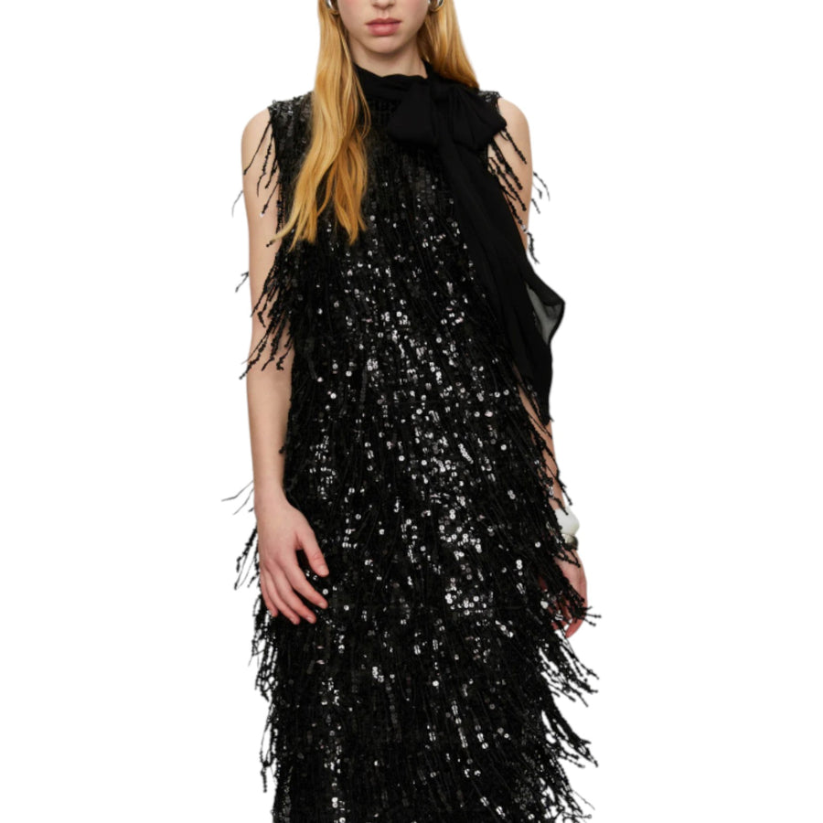 Abito donna lungo con frange di paillettes e foulard