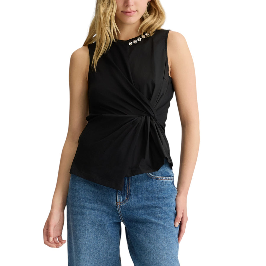T-shirt donna senza mancihe con dettaglio gioiello