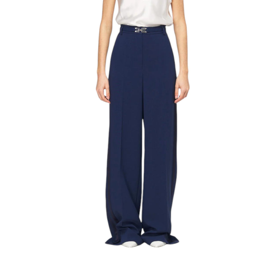 Pantaloni donna  in crêpe con bande in raso
