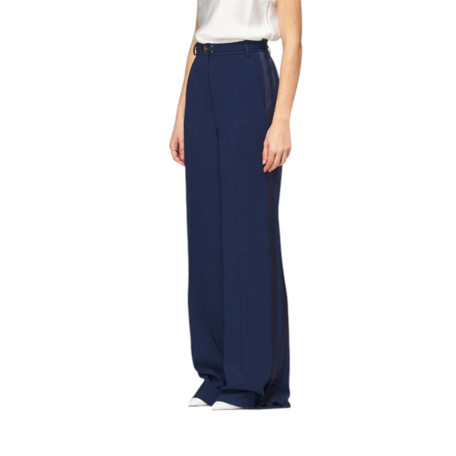 Pantaloni donna  in crêpe con bande in raso