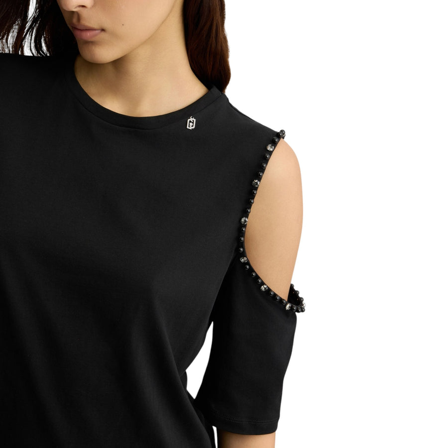 T-shirt donna con perle e strass